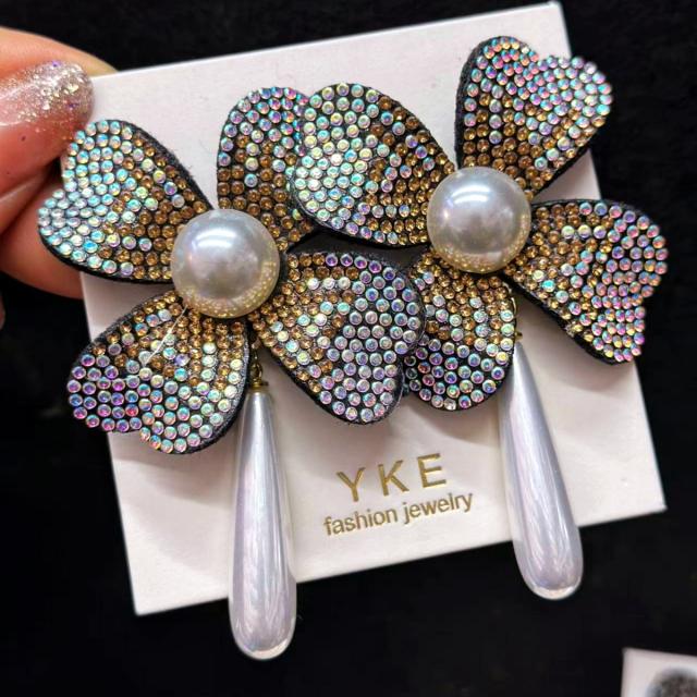 Full Diamond Flower Earrings Weddings Vacations Partie Elegant Pearl drop earrings