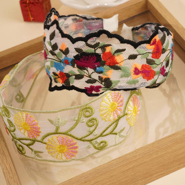 Mesh Sweet Embroidered Flower Hair Hoop Bohemian Pastoral Style Wide-brimmed headband