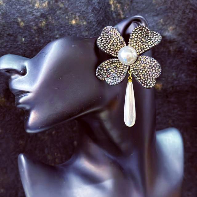 Full Diamond Flower Earrings Weddings Vacations Partie Elegant Pearl drop earrings