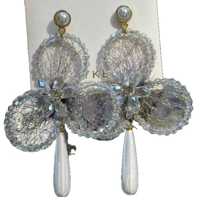 New Style Light Luxury Crystal-Encrusted Three-Leaf Flower Earrings