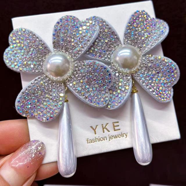 Full Diamond Flower Earrings Weddings Vacations Partie Elegant Pearl drop earrings