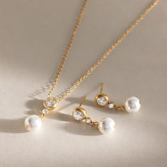 18K Gold-Plated Stainless Steel necklace set Zircon Pearl Pendant Necklace earrings set