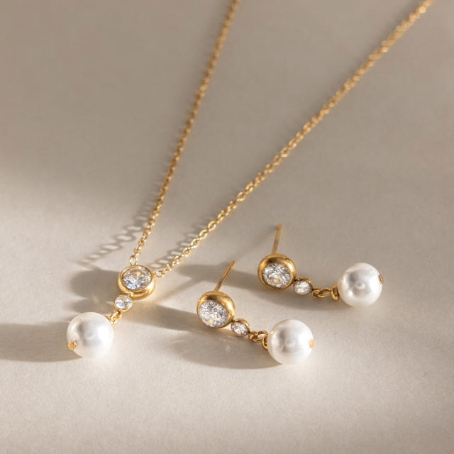 18K Gold-Plated Stainless Steel necklace set Zircon Pearl Pendant Necklace earrings set