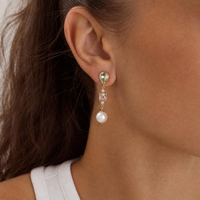 Elegant pearl bead cubic zircon stainless steel earrings dangle earrings
