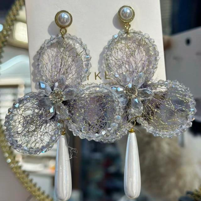 New Style Light Luxury Crystal-Encrusted Three-Leaf Flower Earrings