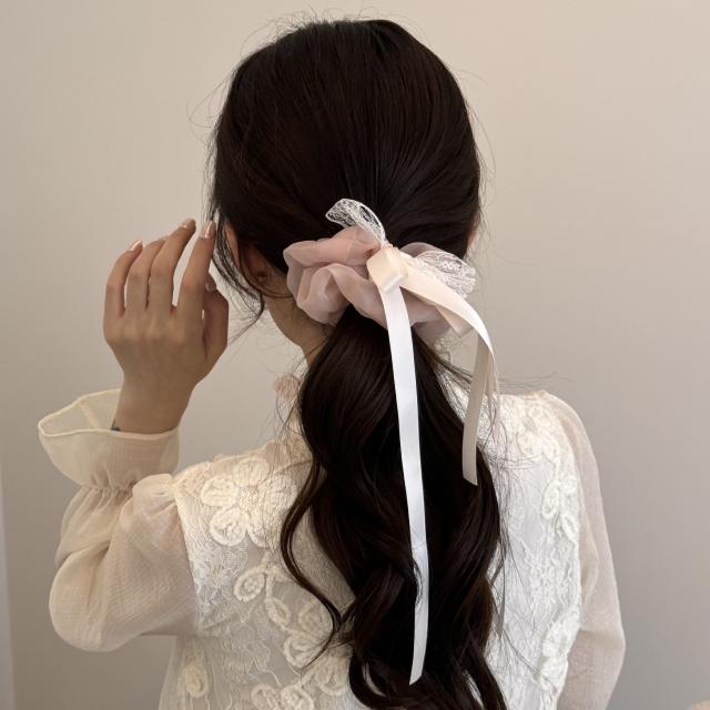 Korean-Style Mesh Bow Ribbon Scrunchie Solid Color Simple Hair Tie