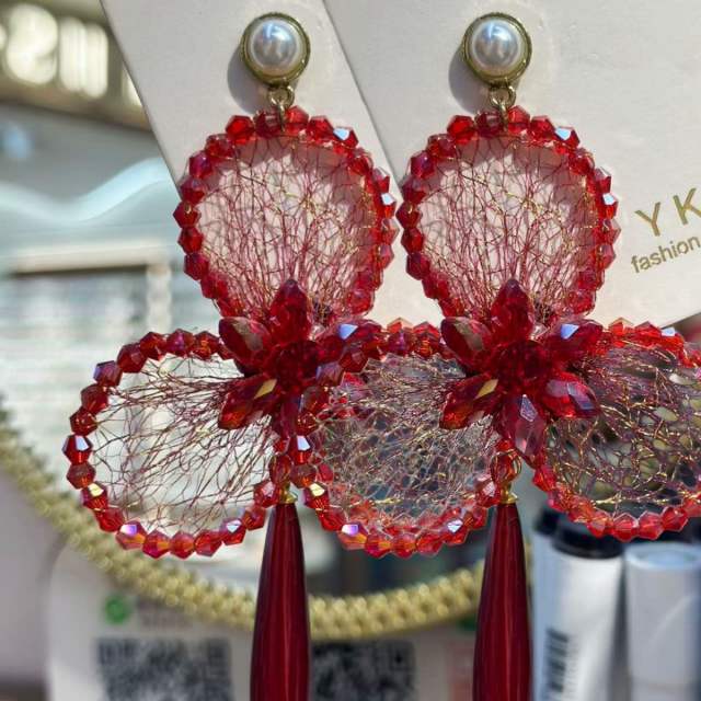New Style Light Luxury Crystal-Encrusted Three-Leaf Flower Earrings