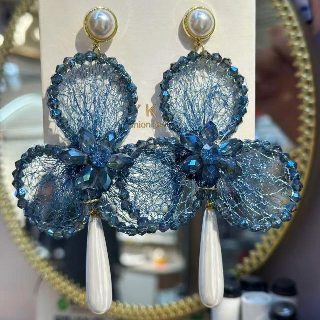 New Style Light Luxury Crystal-Encrusted Three-Leaf Flower Earrings