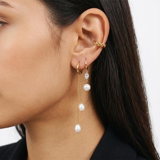 Elegant pearl bead cubic zircon stainless steel earrings dangle earrings