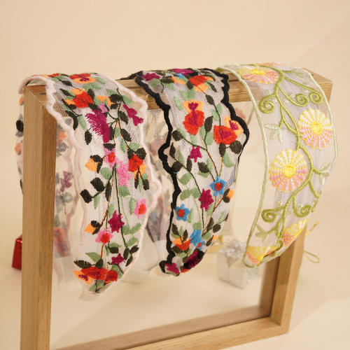 Mesh Sweet Embroidered Flower Hair Hoop Bohemian Pastoral Style Wide-brimmed headband