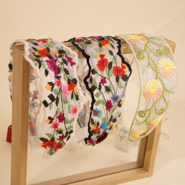 Mesh Sweet Embroidered Flower Hair Hoop Bohemian Pastoral Style Wide-brimmed headband