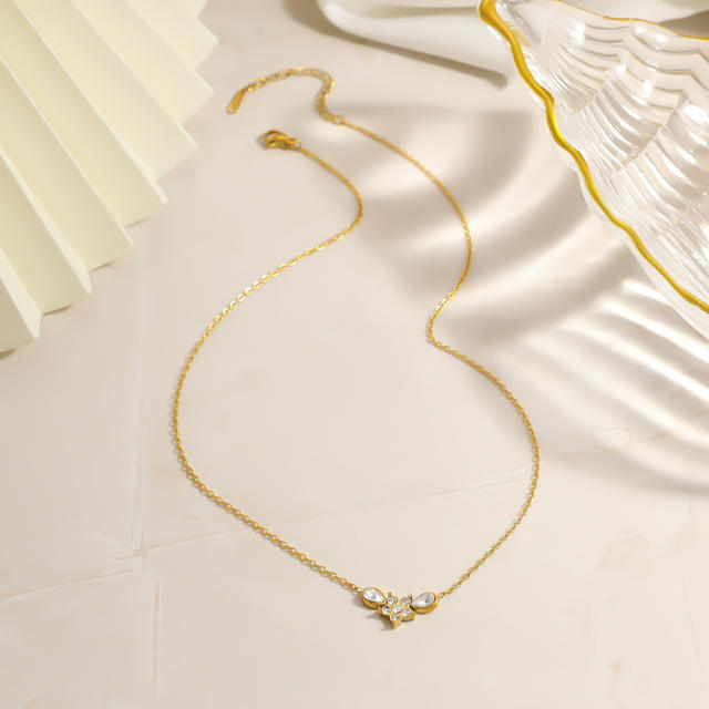 18KG diamond V shape flower stainless steel necklace dainty necklace