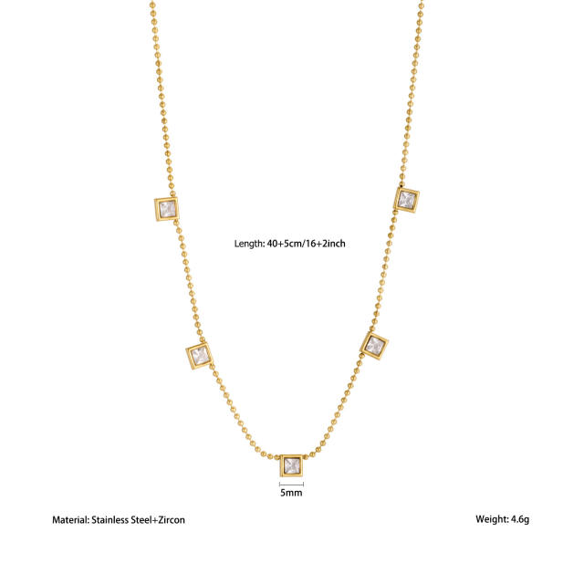Ins-Style Stainless Steel Necklace with Square Zircon Tassel