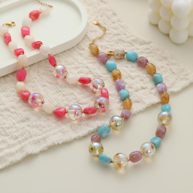 Macaron Pink and White Mixed Color Beaded Necklace Seaside Vacation Style Jewelry Wholesale