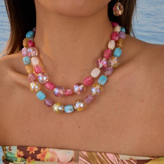 Macaron Pink and White Mixed Color Beaded Necklace Seaside Vacation Style Jewelry Wholesale