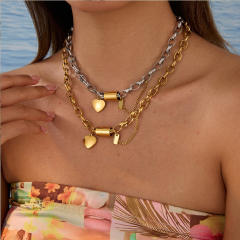 Hot sale punk trend thick chain mix color heart pendant necklace stainless steel necklace