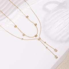 Ins-Style Stainless Steel Necklace with Square Zircon Tassel