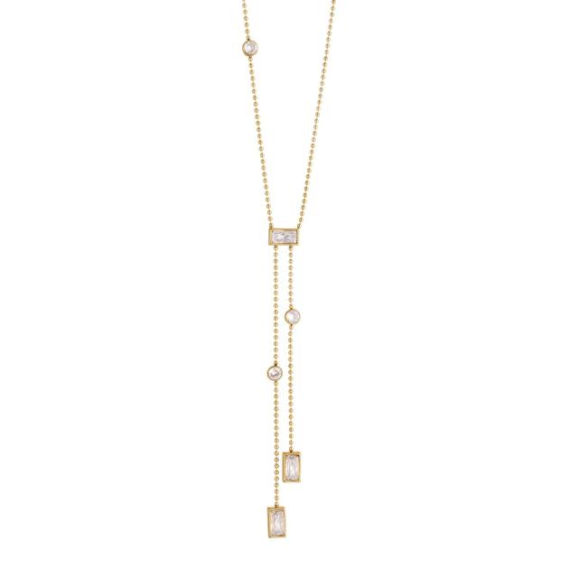 Ins-Style Stainless Steel Necklace with Square Zircon Tassel