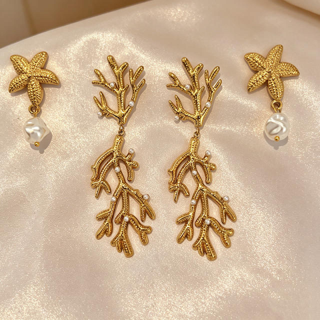 18K Gold-Plated Stainless Steel Earrings Shell Coral Summer Fashion pearl earrings