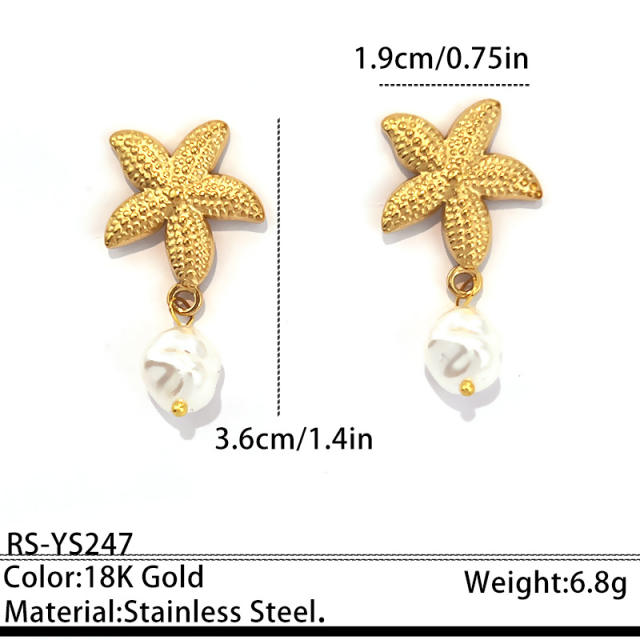 18K Gold-Plated Stainless Steel Earrings Shell Coral Summer Fashion pearl earrings