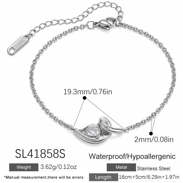 Stainless Steel Bracelet with Irregular S-Shaped Water Drop-Shaped Zircon