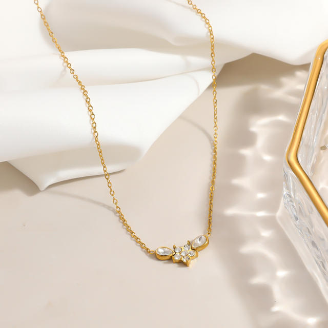18KG diamond V shape flower stainless steel necklace dainty necklace