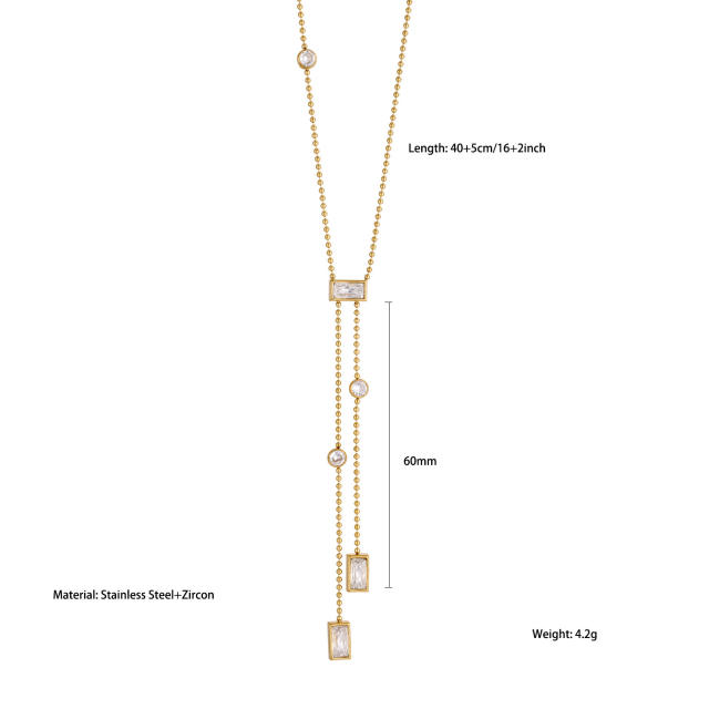 Ins-Style Stainless Steel Necklace with Square Zircon Tassel