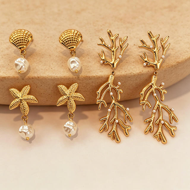 18K Gold-Plated Stainless Steel Earrings Shell Coral Summer Fashion pearl earrings