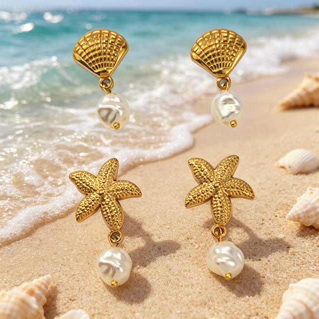18K Gold-Plated Stainless Steel Earrings Shell Coral Summer Fashion pearl earrings