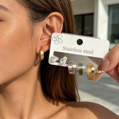 Stainless Steel Earrings 6-Piece Set Zircon Gold and Steel Color Matte Plain Hoop Earring Set