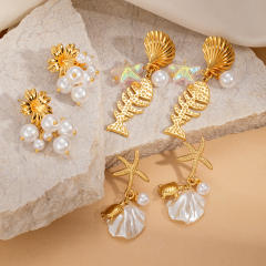 Marine Elements Pearl Flower Shell Stainless Steel Earrings