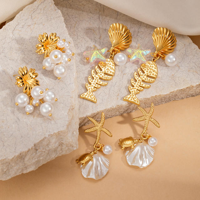 Marine Elements Pearl Flower Shell Stainless Steel Earrings