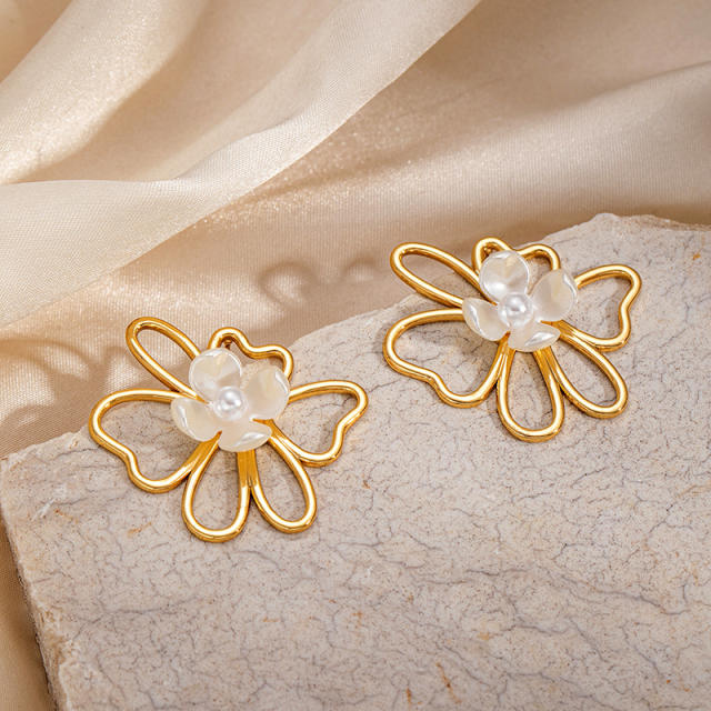 Hollow Irregular Flower Pearl Stainless Steel Earrings for Women