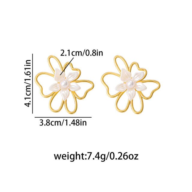 Hollow Irregular Flower Pearl Stainless Steel Earrings for Women