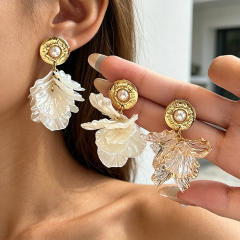 Pearl Flower Petal Tassel Titanium Steel Earrings French Elegant Exaggerated Stainless Steel Earrings