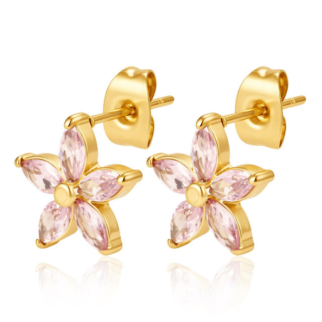 Stainless Steel earrings Petal Inlaid Zircon Earrings for Women 18K Plated Five-Leaf Flower Earrings