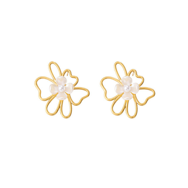 Hollow Irregular Flower Pearl Stainless Steel Earrings for Women