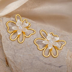 Hollow Irregular Flower Pearl Stainless Steel Earrings for Women