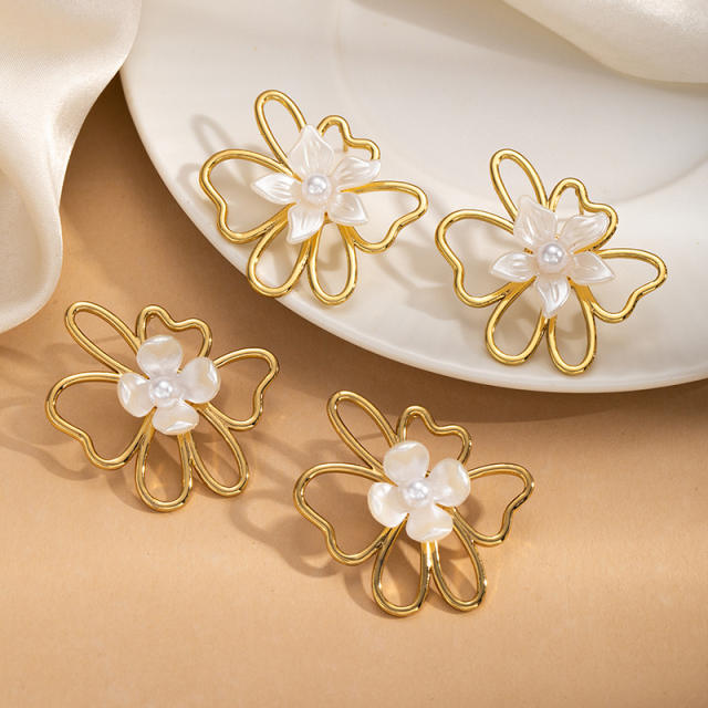 Hollow Irregular Flower Pearl Stainless Steel Earrings for Women