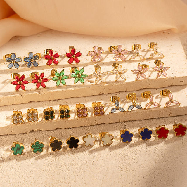 Stainless Steel earrings Petal Inlaid Zircon Earrings for Women 18K Plated Five-Leaf Flower Earrings