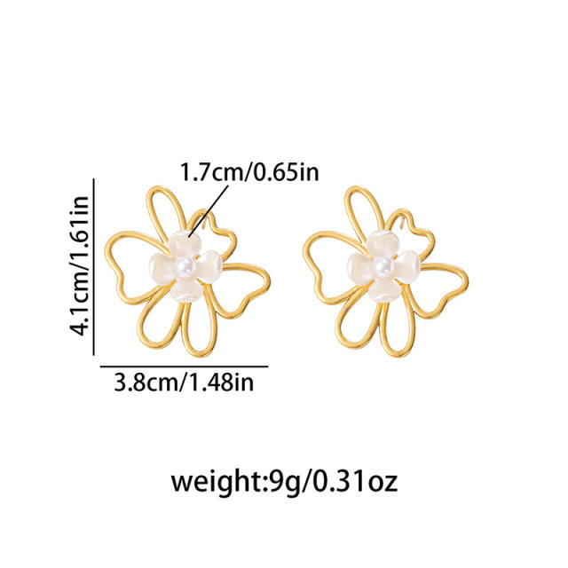 Hollow Irregular Flower Pearl Stainless Steel Earrings for Women