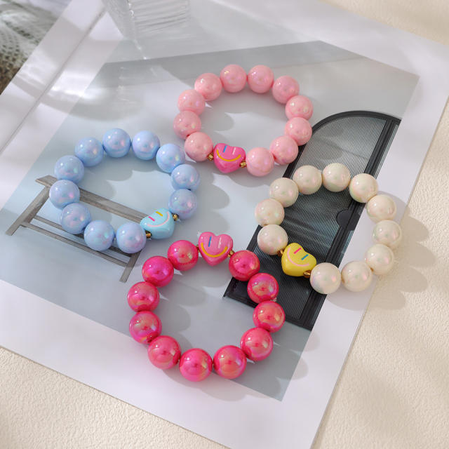 INS sweet candy color heart smile face resin bead bracelet for women