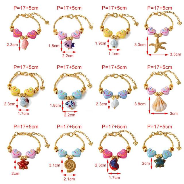 Hot-Selling Sweet Dopamine Heart Smiley Face Ceramic Conch Starfish Fish Pendant Beaded Bracelet