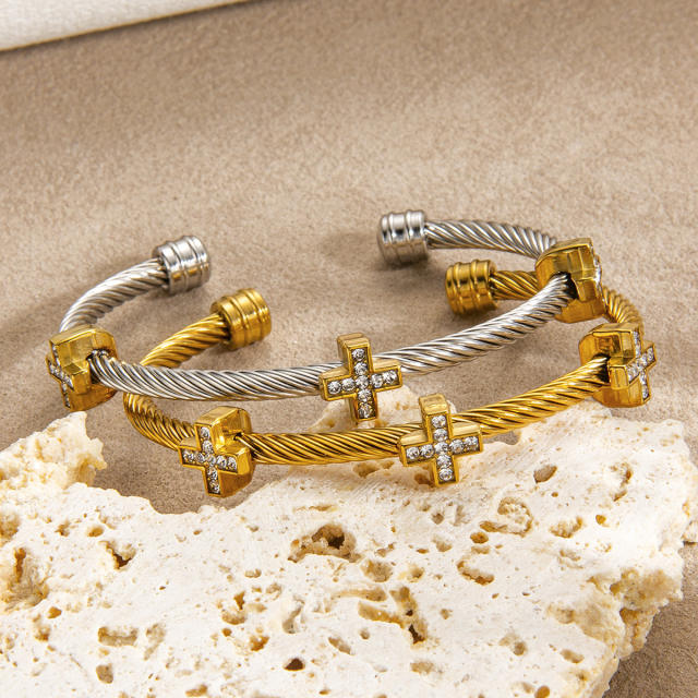 Wire Rope Bracelet Pvd18K Stainless Steel Bracelet with daimond cross