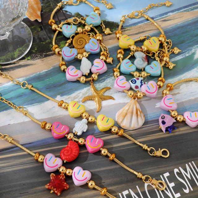 Hot-Selling Sweet Dopamine Heart Smiley Face Ceramic Conch Starfish Fish Pendant Beaded Bracelet