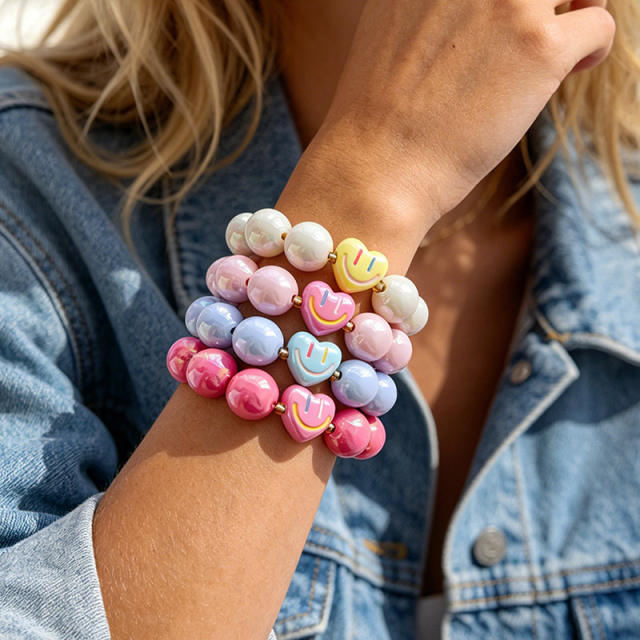 INS sweet candy color heart smile face resin bead bracelet for women