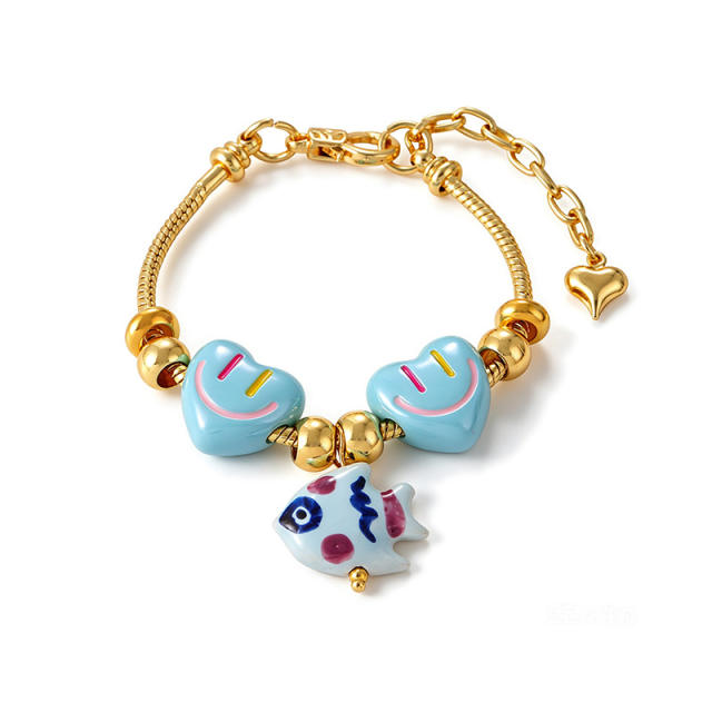 Hot-Selling Sweet Dopamine Heart Smiley Face Ceramic Conch Starfish Fish Pendant Beaded Bracelet