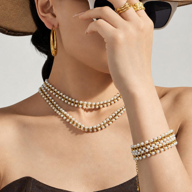 Stainless Steel necklace bracelet set Plated with 18K Gold pearl jewelry for women