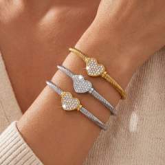 Heart-Shaped Diamond-Encrusted Bracelet Pvd 18K Wire Rope stainless steel bangle