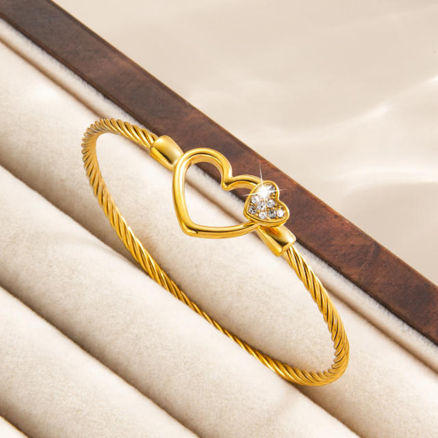 Heart-Shaped Diamond-Encrusted Steel Wire Rope Bracelet 18KG stainless steel bangle